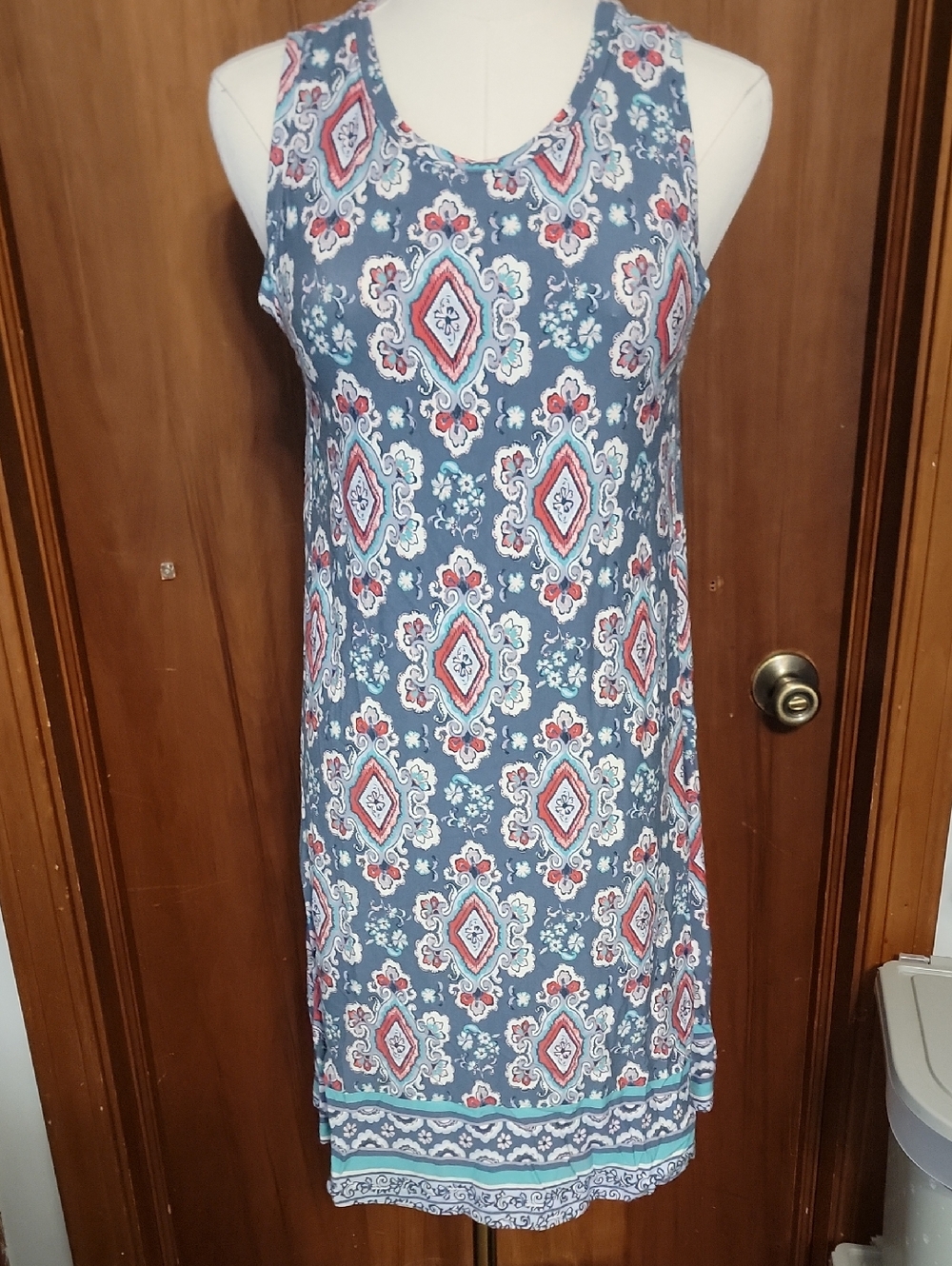 Blue Patterned Sleeveless Shift Dress